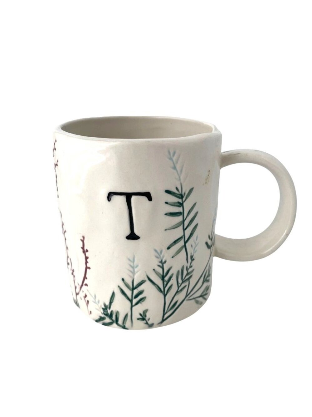 Anthropologie Dagny Monogram “T” Hand Painted Ceramic Coffee Mug Botanical